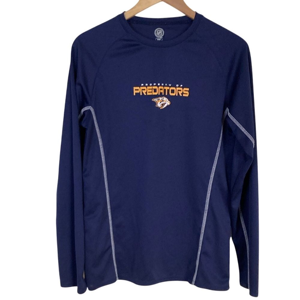 NHL Nashville Predators Long Sleeve Shirt Mens Size M Navy Logo Front‎